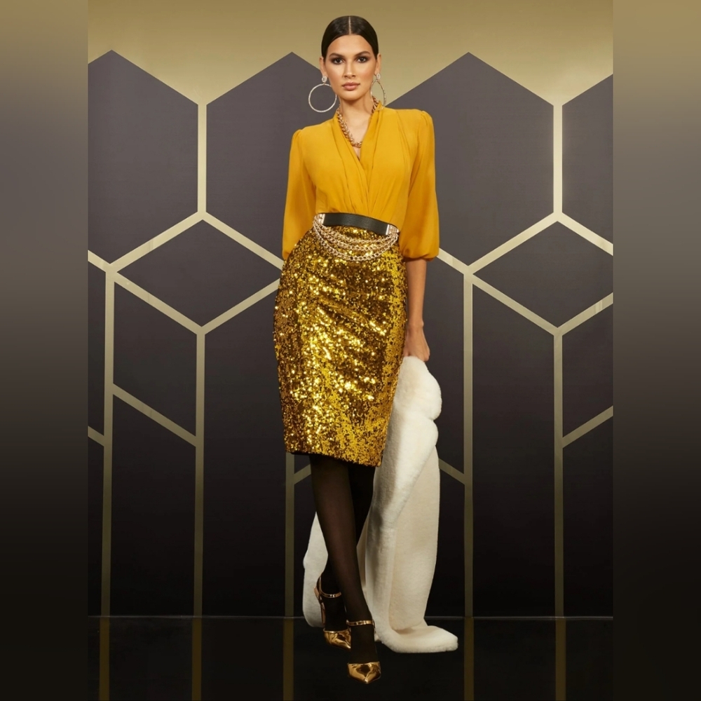Gold Sequin Pencil Skirt - Women's Glitter Party Skirt